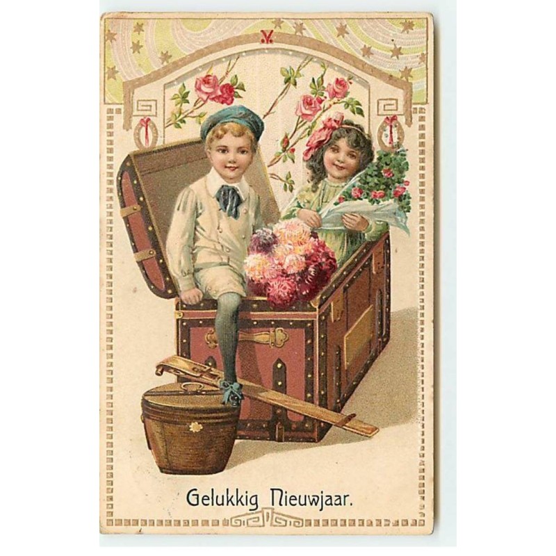 n°18833 - Carte Gaufrée - Gelukkig Nieuwjaar - Enfants sortant d'un coffre
