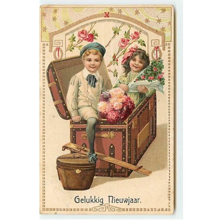 n°18833 - Carte Gaufrée - Gelukkig Nieuwjaar - Enfants sortant d'un coffre