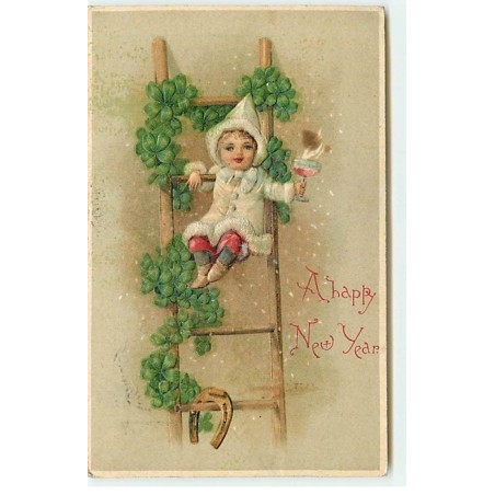 n°18839 - Carte Gaufrée - A Happy Newx Year - Enfant avec une coupe de champagne sur une échelle