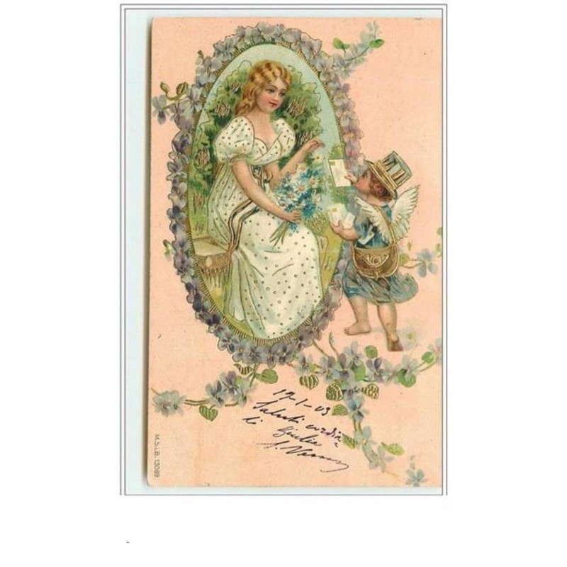 n°1884 - Carte Gaufrée - Angelot facteur apportant des nouvelles à une femme