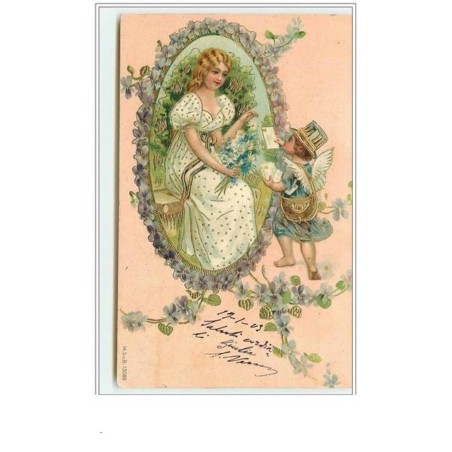 n°1884 - Carte Gaufrée - Angelot facteur apportant des nouvelles à une femme