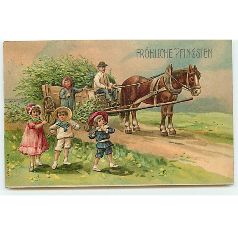 n°18841 - Carte Gaufrée - Fröhliche Pfingsten - Enfants près d'une charette remplie