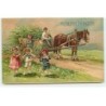 n°18841 - Carte Gaufrée - Fröhliche Pfingsten - Enfants près d'une charette remplie