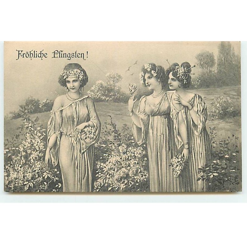 n°18842 - Fröhliche Pfingsten - Friedrich Schlegel - Trois jeunes femmes près de rosiers