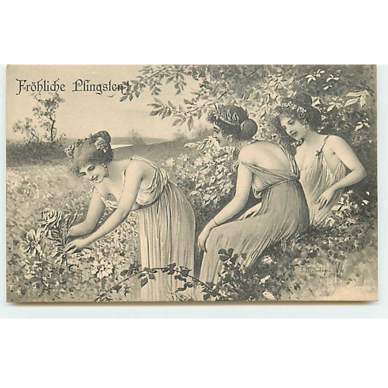 n°18843 - Fröhliche Pfingsten - Friedrich Schlegel - Trois jeunes femmes, l'une cueillant une rose