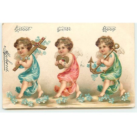 n°18847 - Carte Gaufrée - Clapsaddle - Trois anges, l'un portant une croix, un autre un coeur et le troisième une ancre