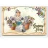 n°1885 - Carte Gaufrée - Bonne fête - Fillette et violettes