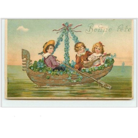 n°1886 - Carte Gaufrée - Bonne fête - Enfants dans une barque fleurie, fillette jouant de la mandoline