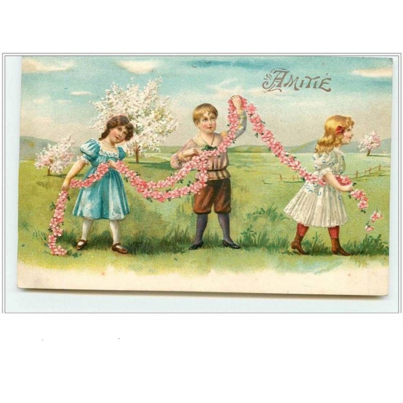 n°1888 - Carte Gaufrée - Amitié - Enfants avec une guirlande de fleurs