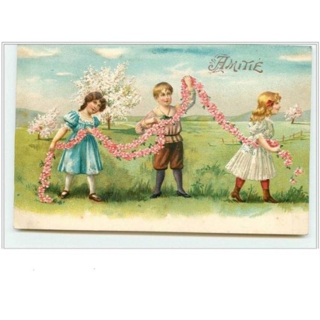 n°1888 - Carte Gaufrée - Amitié - Enfants avec une guirlande de fleurs