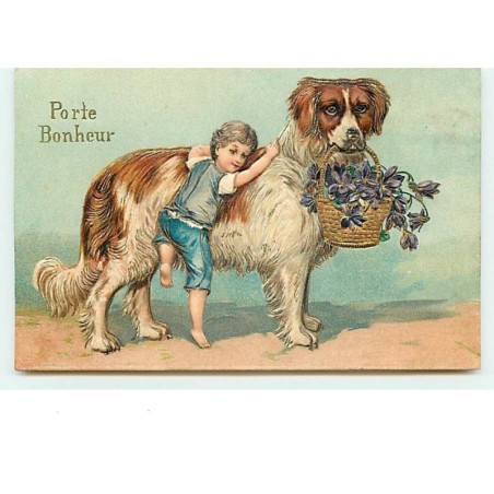 n°10834 - Carte Fantaisie Gaufrée - Porte Bonheur - Saint Bernard et enfant