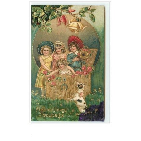 n°1890 - Carte Gaufrée - Mes meilleurs souhaits - Enfants sortant d'un coffre