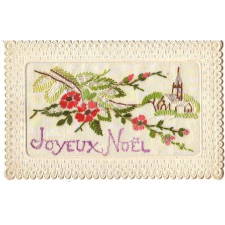n°18952 - Carte Brodée - Joyeux Noël - Eglise, fleurs