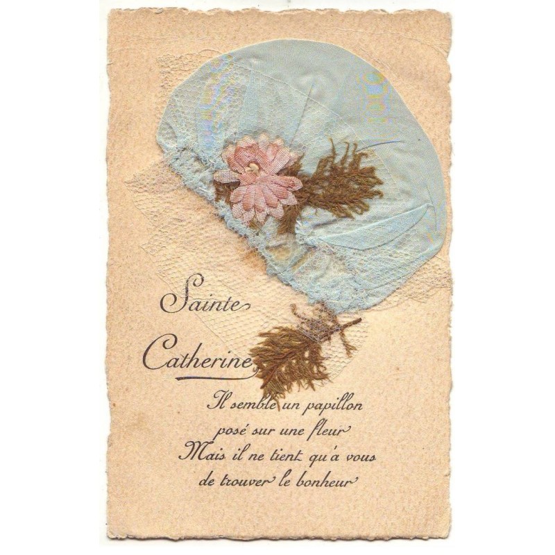 n°18954 - Sainte-Catherine - Bonnet bleu, avec du tulle - Il semble un papillon ...