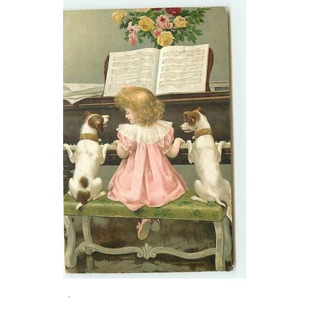 n°10835 - Carte Fantaisie Gaufrée - Fillette et chiens jouant du piano