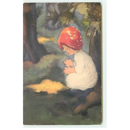 n°18960 - Mili Weber - Fillette avec un chapeau en champignon dans la forêt