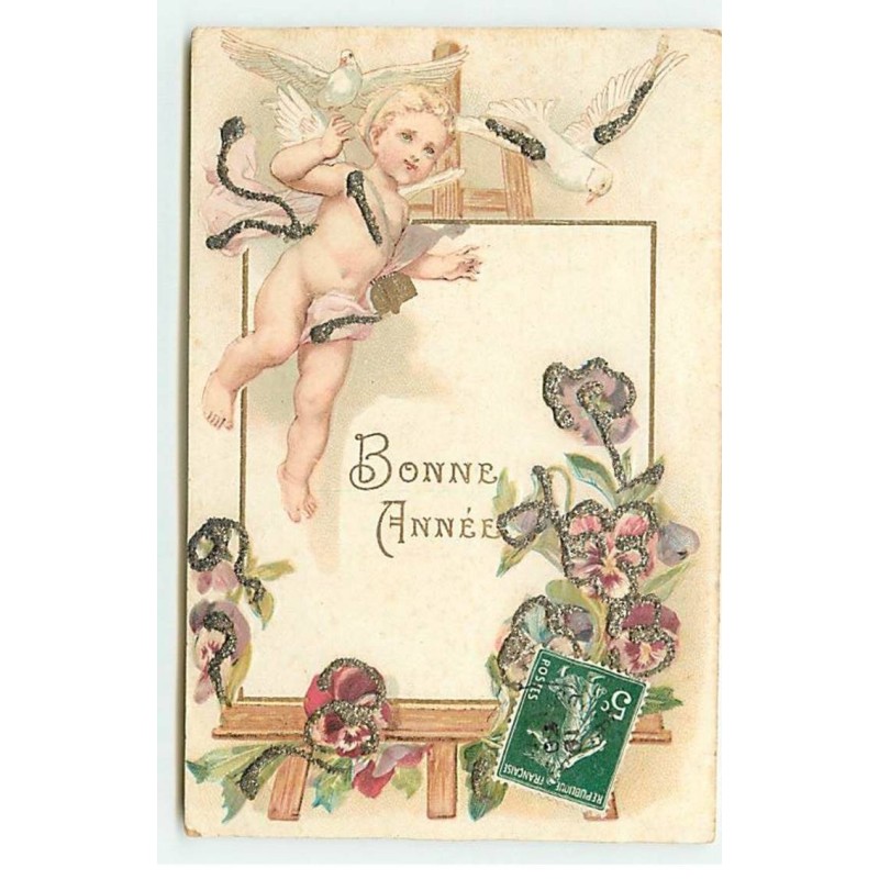 n°18961 - Carte Gaufrée avec des Paillettes - Bonne Année  - Ange devant un tableau décoré de fleurs