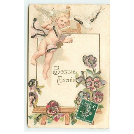 n°18961 - Carte Gaufrée avec des Paillettes - Bonne Année  - Ange devant un tableau décoré de fleurs