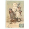 n°18963 - Carte Gaufrée - Bonne Année - Enfants emmenant un bonhomme de neige sur une luge
