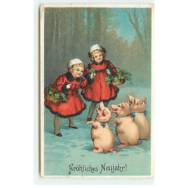 n°18968 - Carte Gaufrée - Fröhliches Neujahr - Fillettes avec des cochons