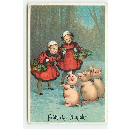 n°18968 - Carte Gaufrée - Fröhliches Neujahr - Fillettes avec des cochons