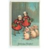 n°18968 - Carte Gaufrée - Fröhliches Neujahr - Fillettes avec des cochons
