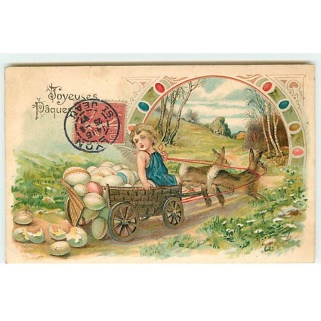 n°18975 - Carte Gaufrée - Joyeuses Pâques - Ange dans une charette remplie d'oeufs tirée par des lièvres