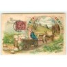 n°18975 - Carte Gaufrée - Joyeuses Pâques - Ange dans une charette remplie d'oeufs tirée par des lièvres
