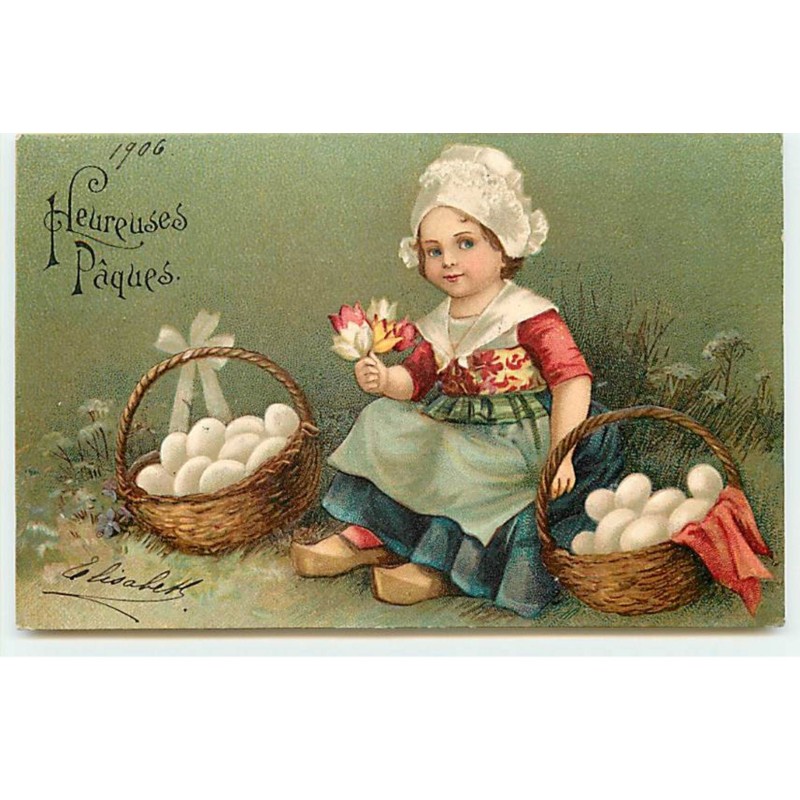 n°18976 - Carte Gaufrée - Clapsaddle - Heureuses Pâques - Fillette entre deux paniers remplis d'oeufs