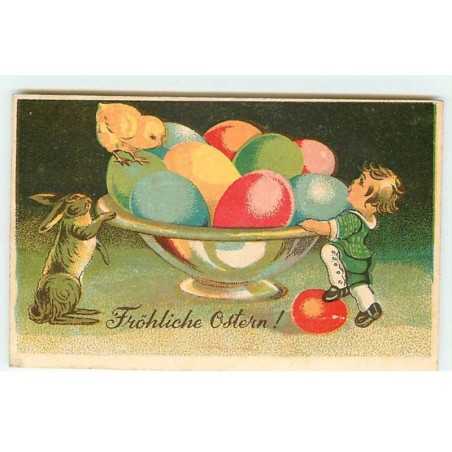 n°18978 - Fröhliche Ostern - Enfant, poussin et lièvre près d'une coupe remplie d'oeufs