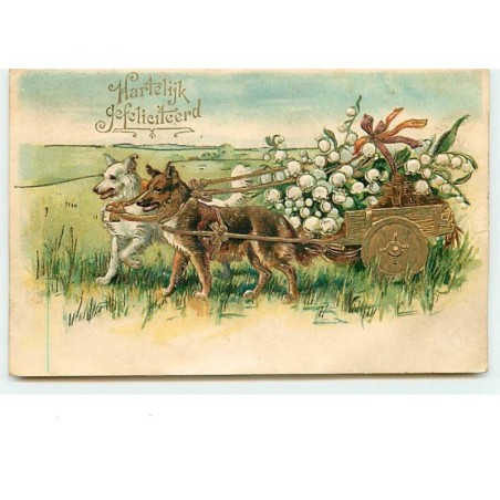 n°10836 - Carte Fantaisie Gaufrée - Attelage de chiens - Muguet