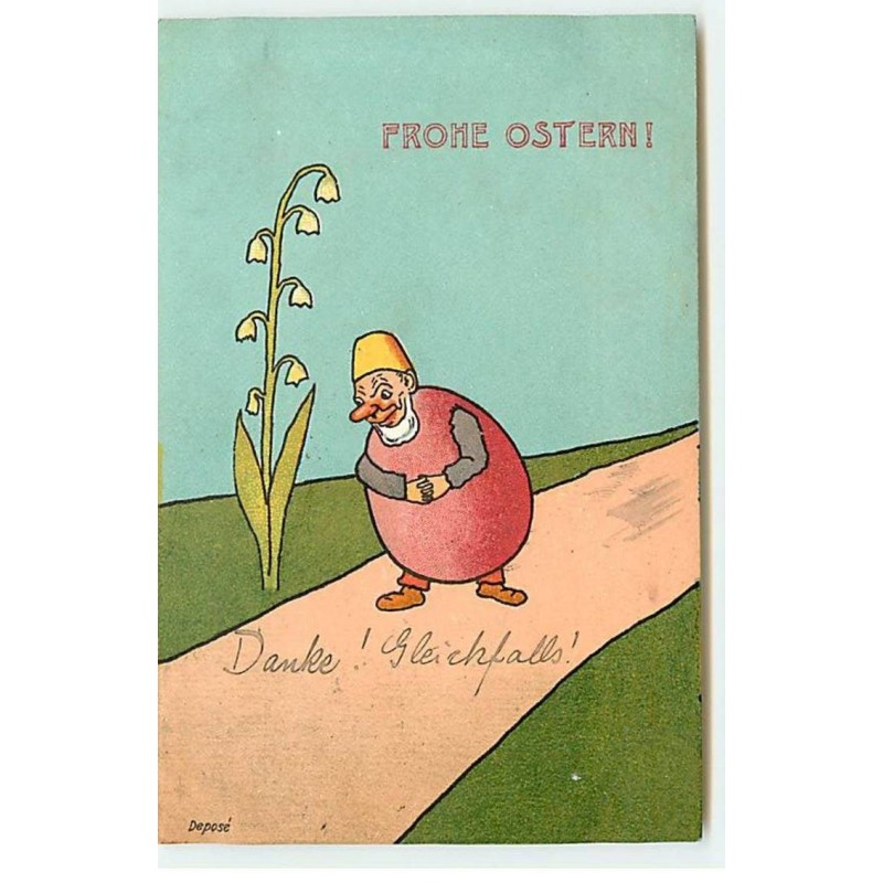 n°18979 - Fröhe Ostern - Nain avec un corps en forme d'oeuf, près d'un brin de muguet