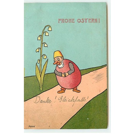n°18979 - Fröhe Ostern - Nain avec un corps en forme d'oeuf, près d'un brin de muguet