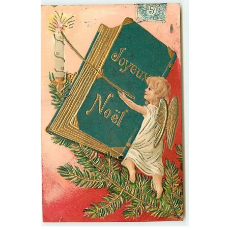 n°18981 - Carte Gaufrée - Joyeux Noël - Ange allumant une bougie, et tenant un grand livre