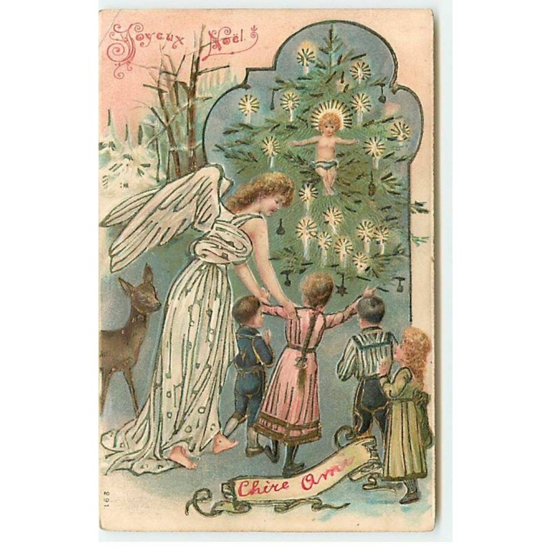 n°18982 - Carte Gaufrée - Joyeux Noël - Ange gardien emmenant des enfants voir un sapin