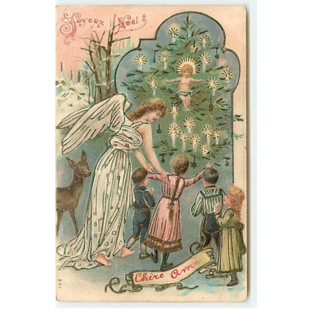 n°18982 - Carte Gaufrée - Joyeux Noël - Ange gardien emmenant des enfants voir un sapin