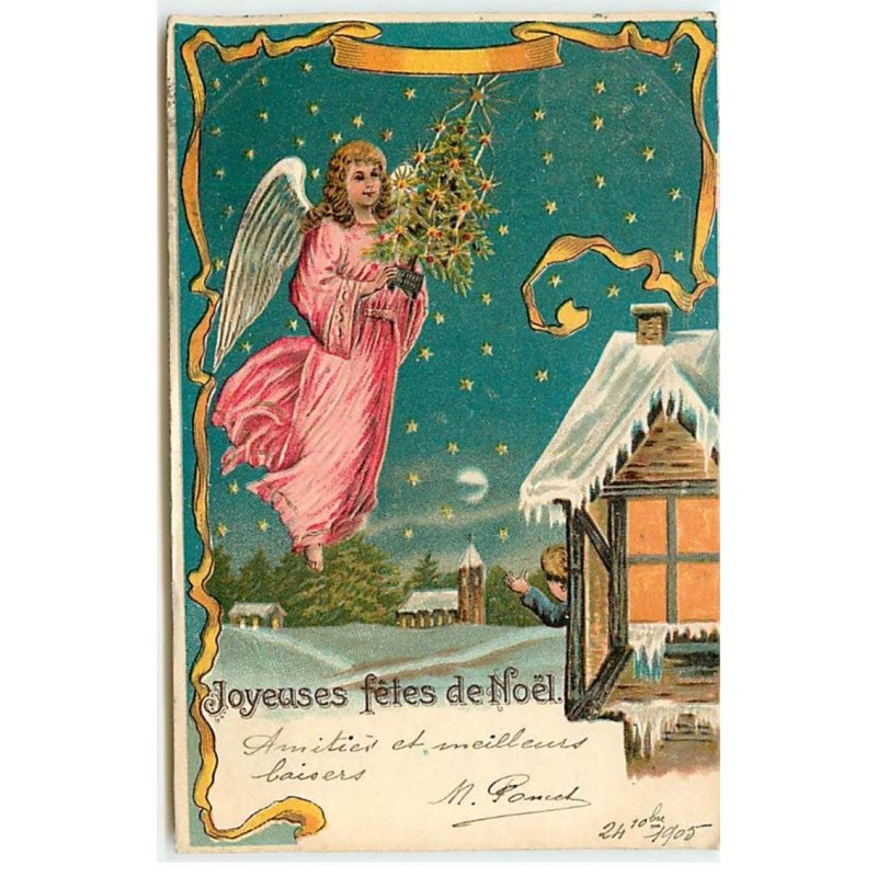 n°18985 - Carte Gaufrée - Joyeux Fêtes de Noël - Ange gardien apportant un sapin dans la nuit