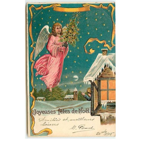 n°18985 - Carte Gaufrée - Joyeux Fêtes de Noël - Ange gardien apportant un sapin dans la nuit