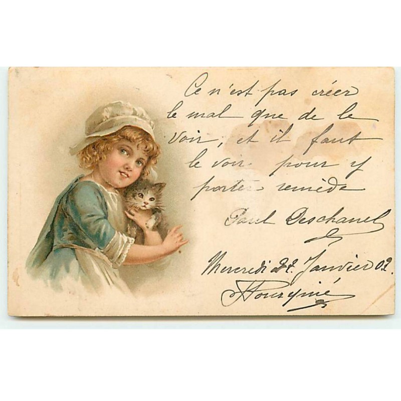 n°18993 - Fillette câlinant un chat