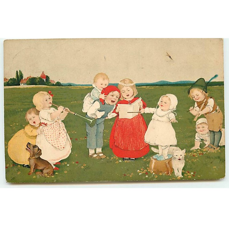 n°18997 - Flatscher - Enfants chantant dans un pré, avec un chat et un teckel