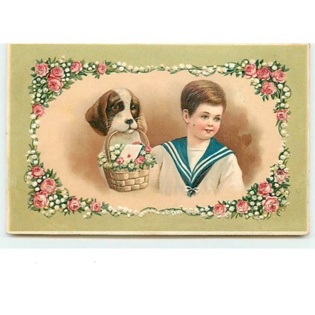 n°10837 - Carte Fantaisie Gaufrée - Enfant et chien avec un panier dans la gueule