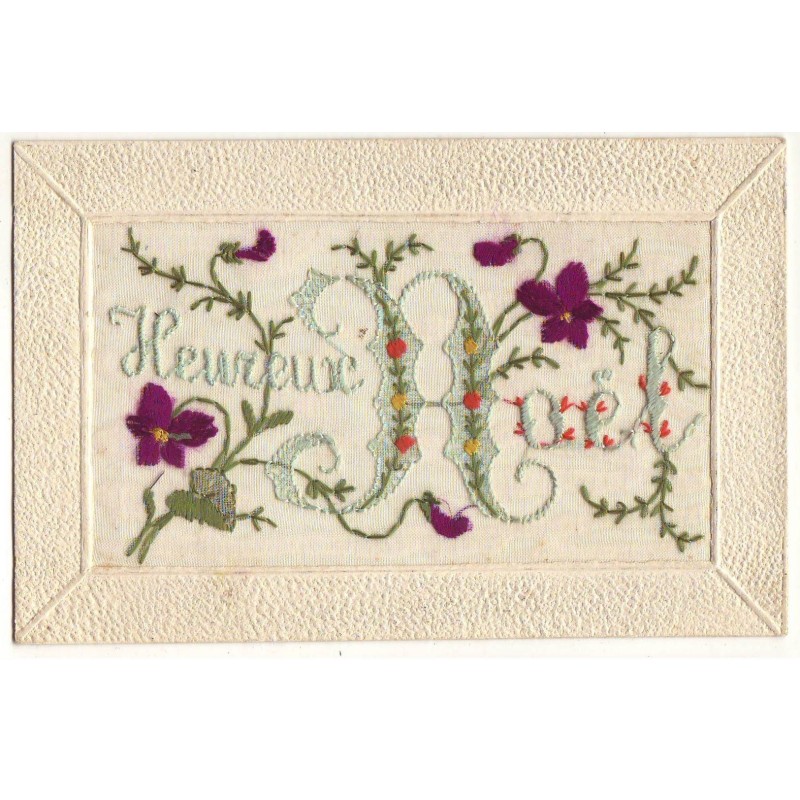 n°19051 - Carte Brodée - Heureux Noël - Fleurs