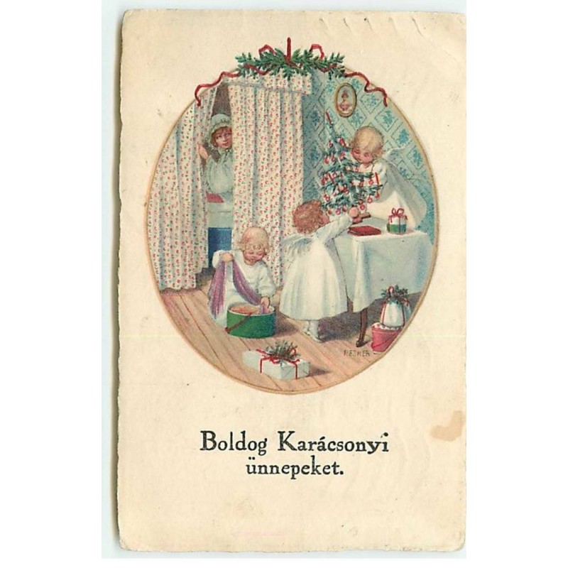 n°19059 - Pauli Ebner - Boldog Karacsonyi ünnepeket - Jeune femme espionnant des anges déposant un sapin