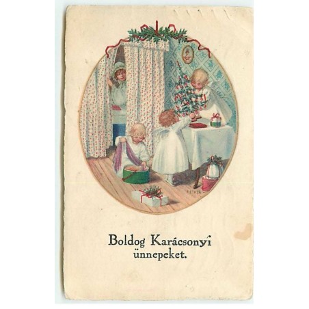n°19059 - Pauli Ebner - Boldog Karacsonyi ünnepeket - Jeune femme espionnant des anges déposant un sapin