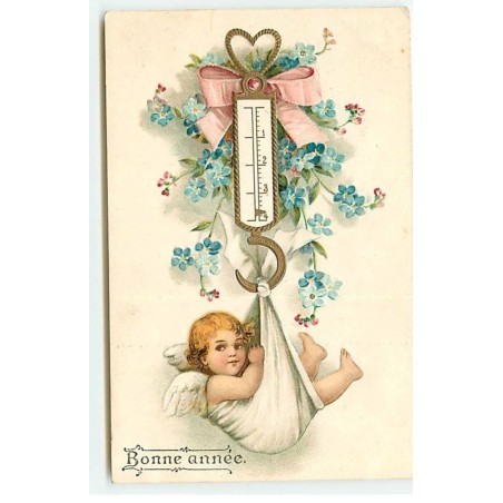 n°19068 - Carte Gaufrée - Clapsaddle - Bonne Année - Bébé dans un lange accroché à un thermomètre