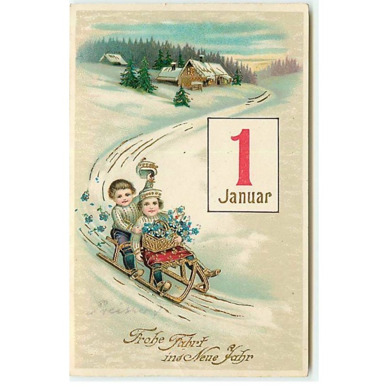 n°19071 - Carte Fantaisie - Frohe Fahrt ins Neue Jahr - Couple d'enfant faisant de la luge