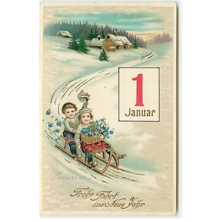 n°19071 - Carte Fantaisie - Frohe Fahrt ins Neue Jahr - Couple d'enfant faisant de la luge