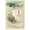 n°19071 - Carte Fantaisie - Frohe Fahrt ins Neue Jahr - Couple d'enfant faisant de la luge