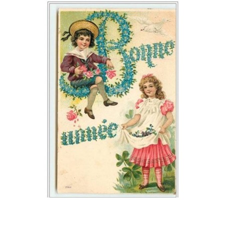 n°1084 - Carte Gaufrée - Bonne Année - Enfants avec des fleurs
