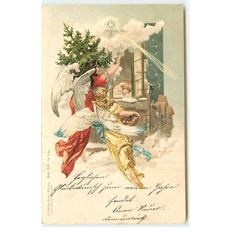 n°19076 - Anges gardiens apportant un sapin et des cadeaux à un enfant dormant